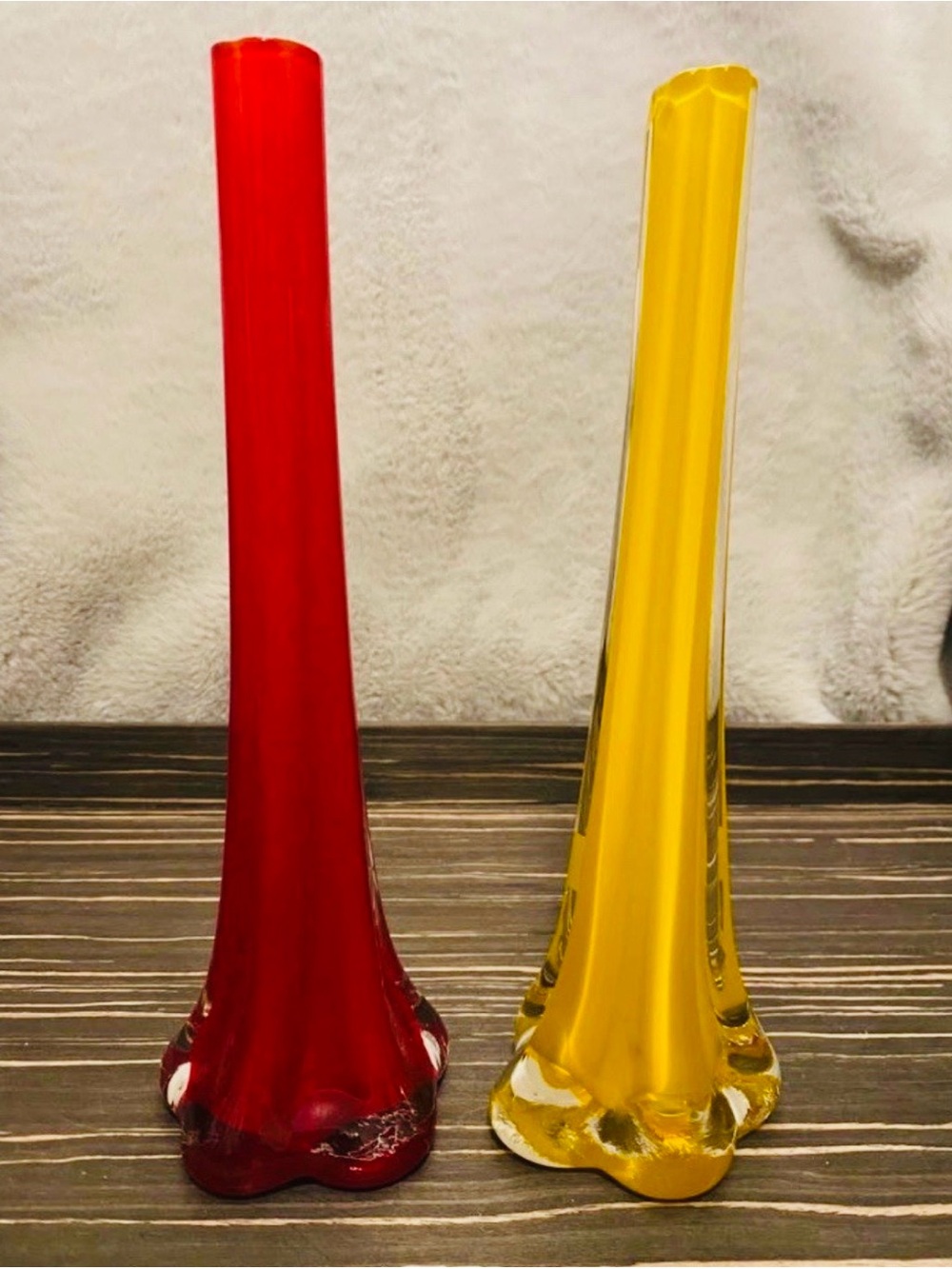 Vintage Red & Yellow Art Glass Vases – Unique Pair with Elephant Foot Bases